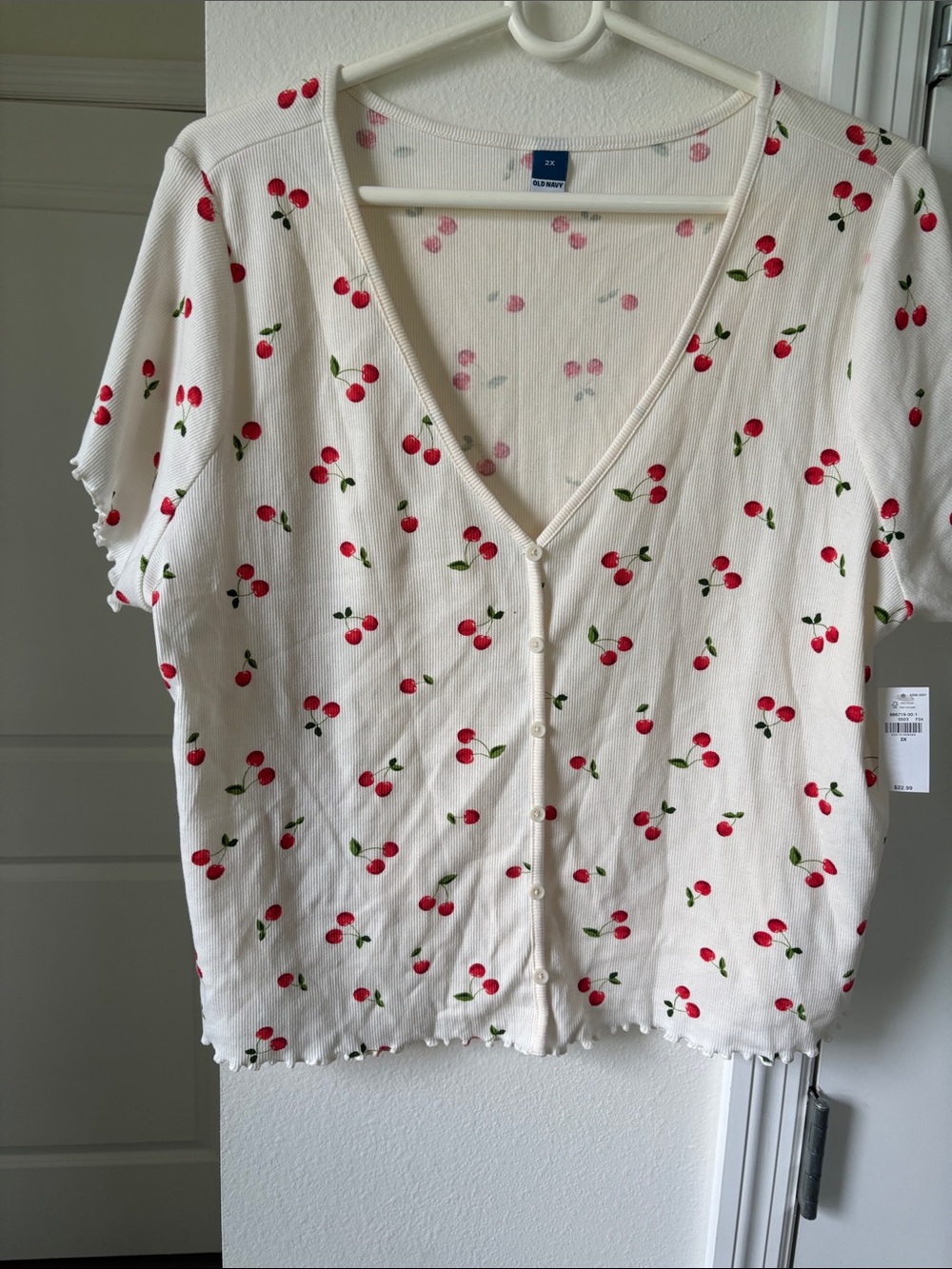 Old Navy White Short-Sleeve Button Cardigan with Red Cherry Print